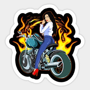 Cool Biker Woman With Flaming Motorcycle Lover Sticker